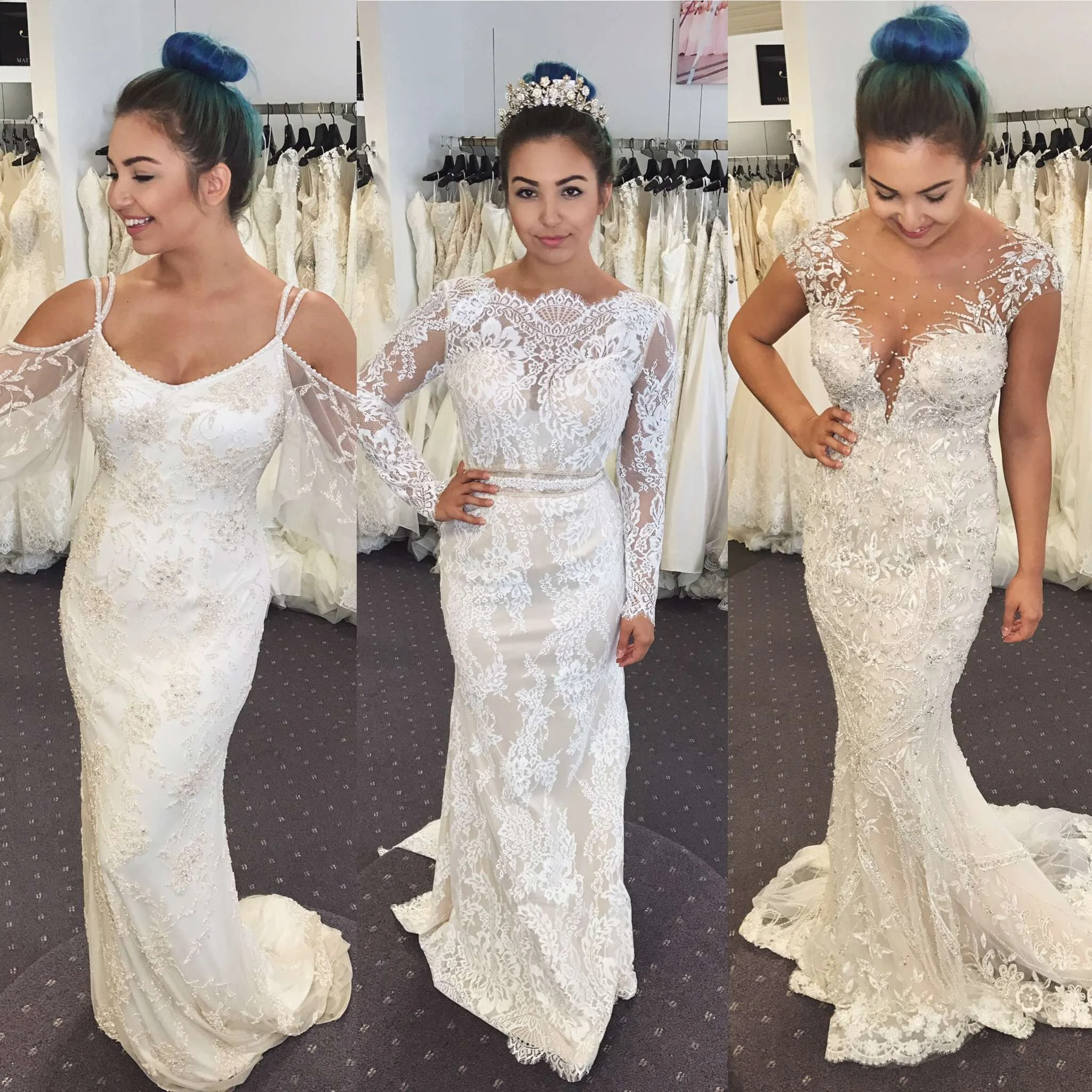 Three models in Viktor & Rolf lace wedding gowns at Mon Amie Bridal Salon