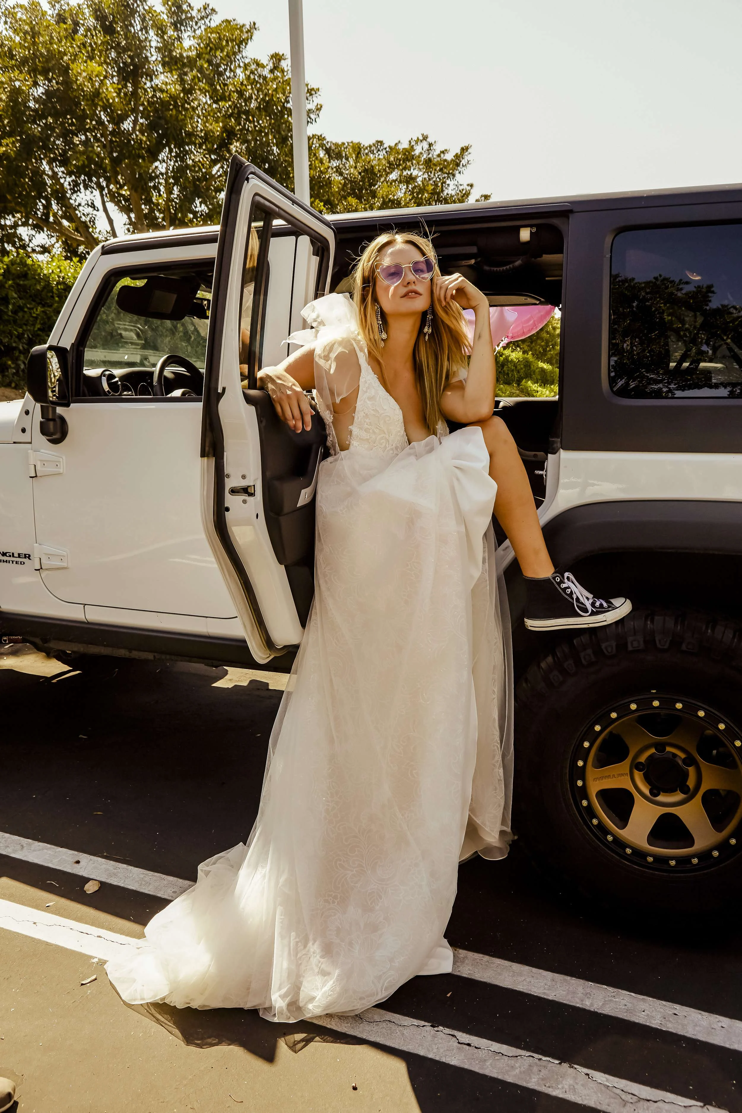 Moonlight style J6703 lace wedding gown, bride stepping out of a vintage Jeep