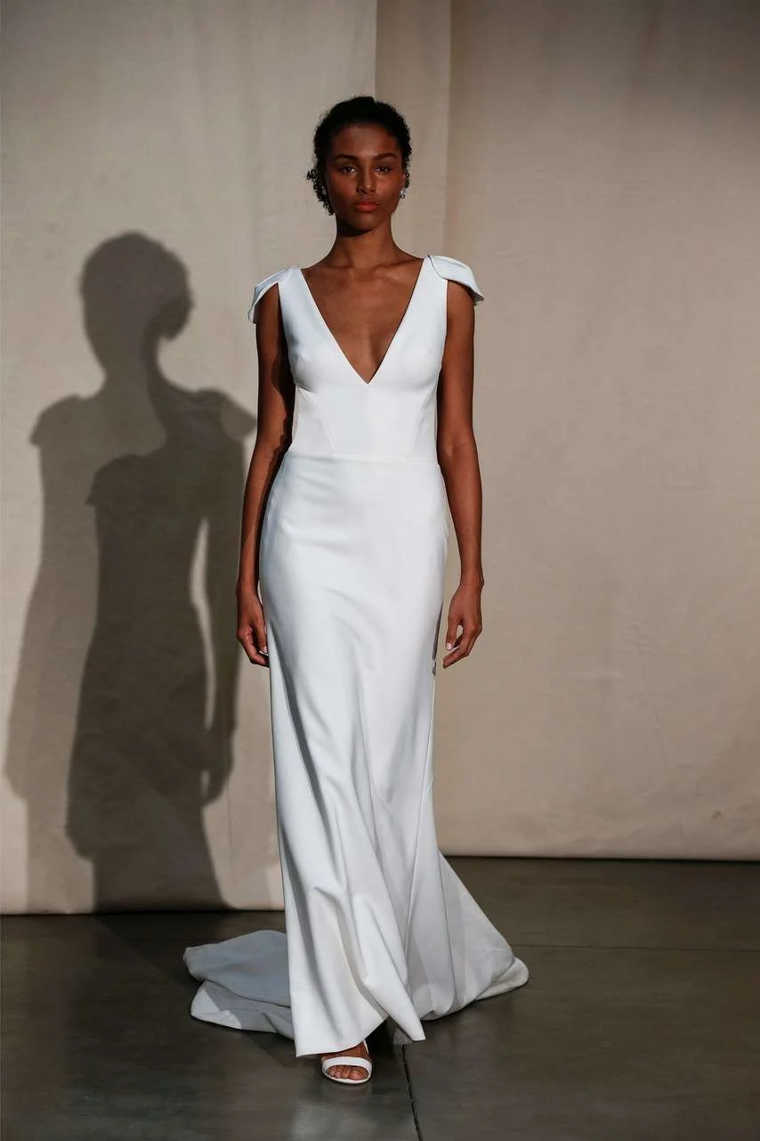 Justin Alexander Spring 2020 V-neck crepe sheath gown with wide straps