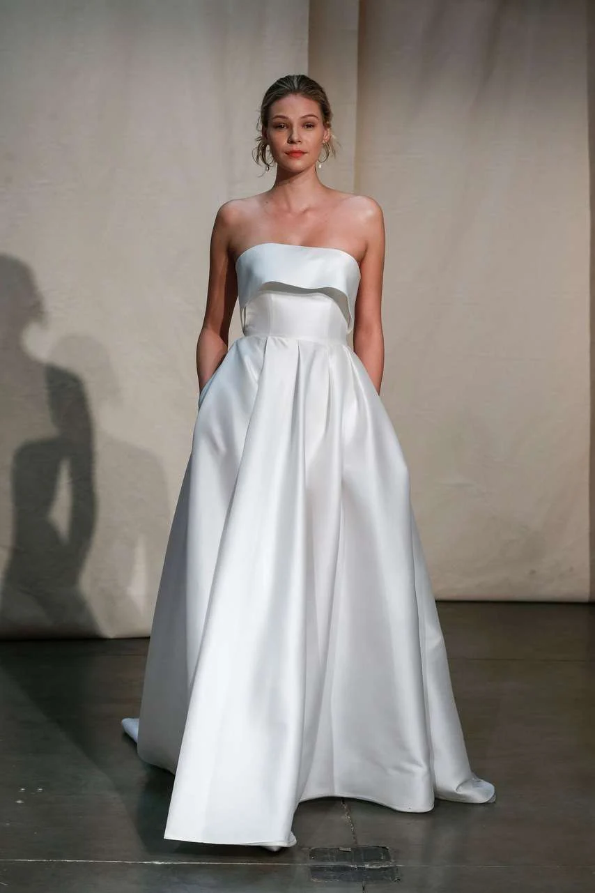 Justin Alexander Spring 2020 strapless satin ball gown with a belted waist