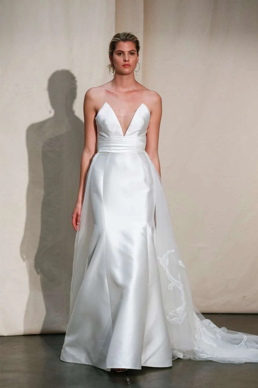 Justin Alexander Spring 2020 deep V-neck satin gown with an A-line skirt