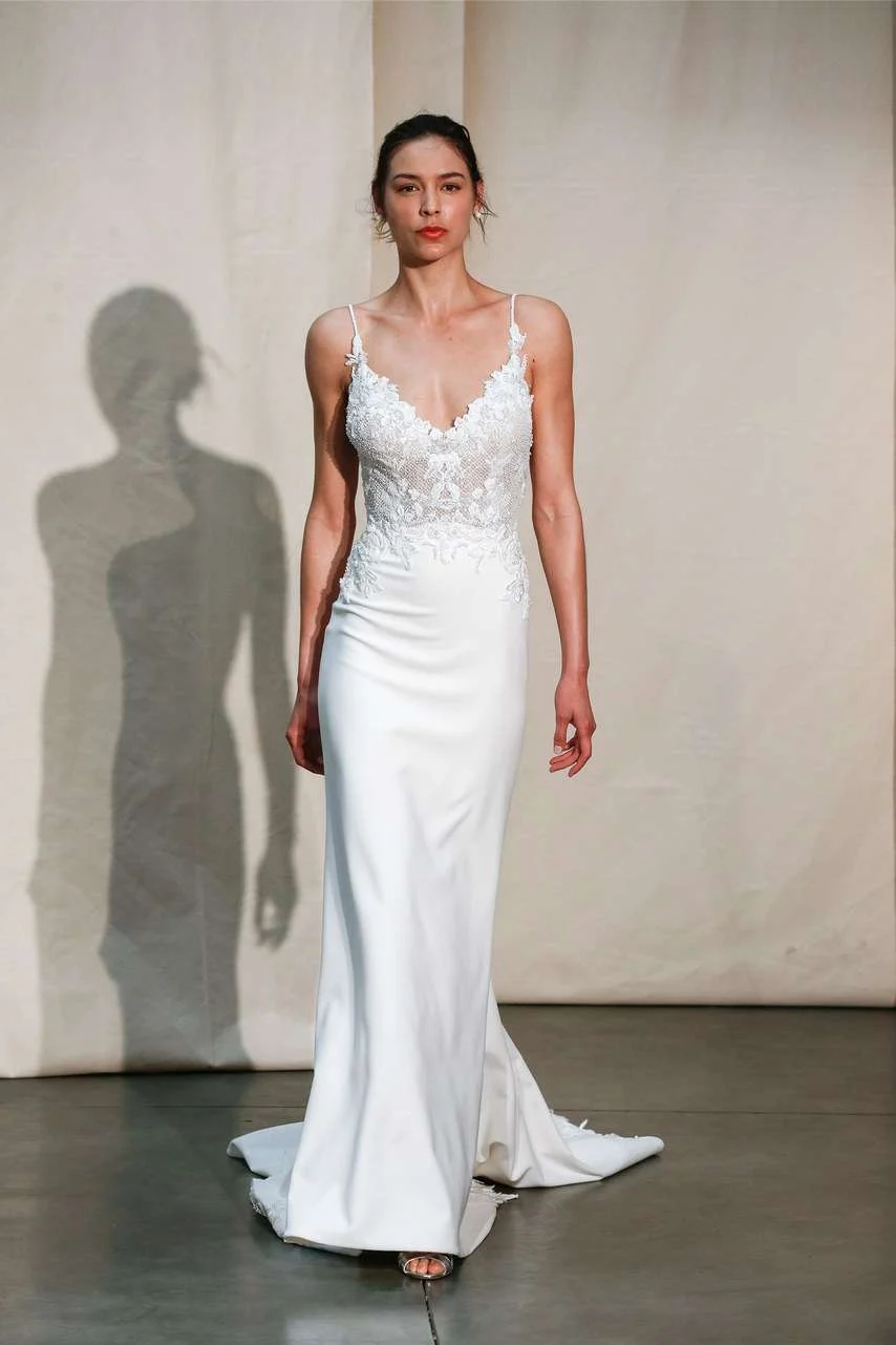 Justin Alexander Spring 2020 V-neck fitted lace gown with wide straps