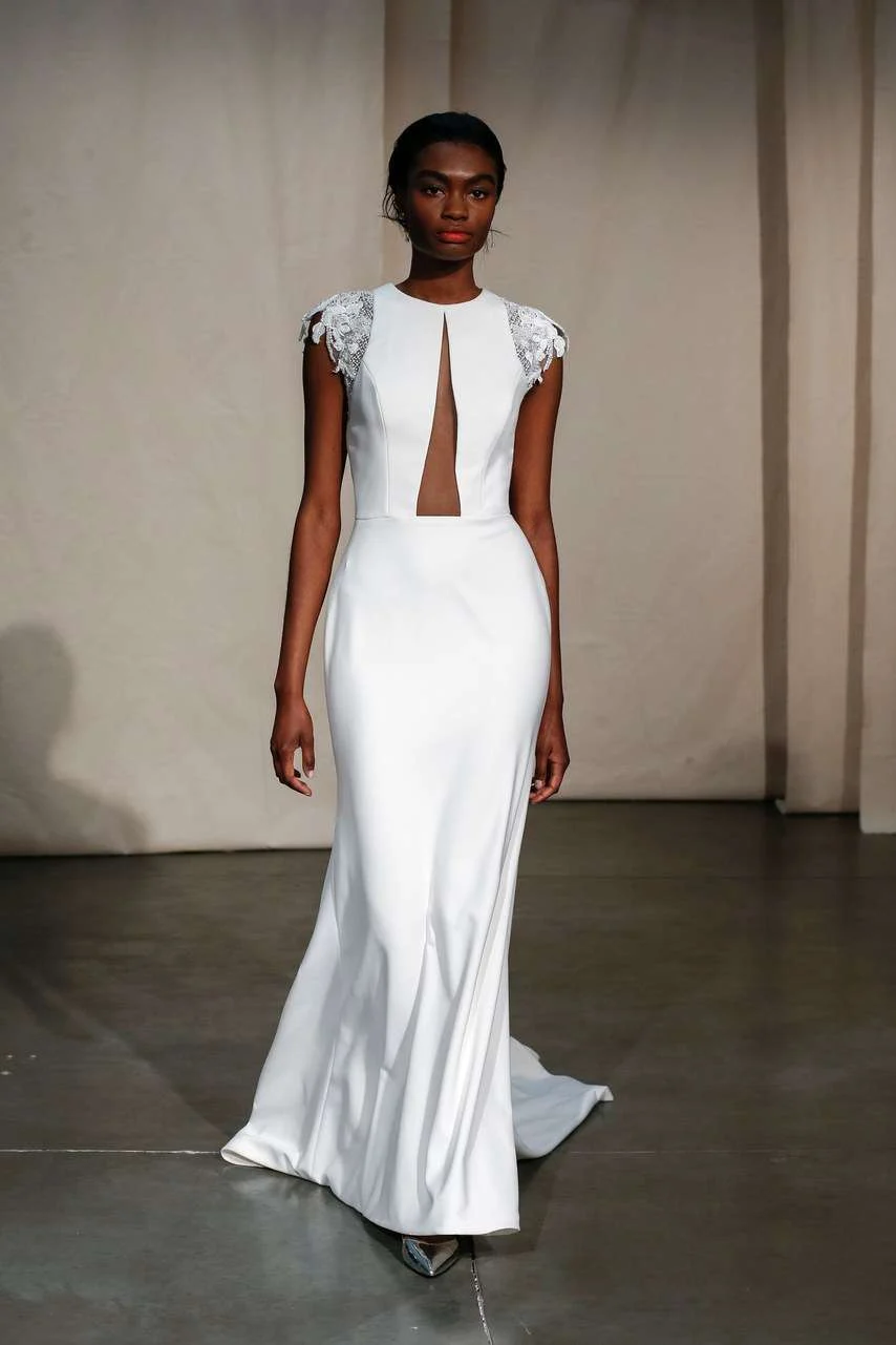Justin Alexander Spring 2020 cap-sleeve satin sheath with a keyhole neckline
