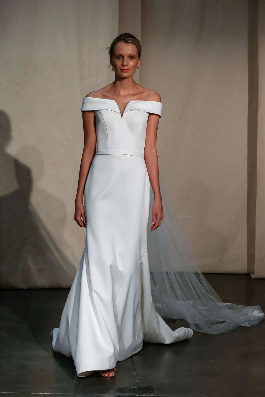 Justin Alexander Spring 2020 off-the-shoulder crepe fit-and-flare gown