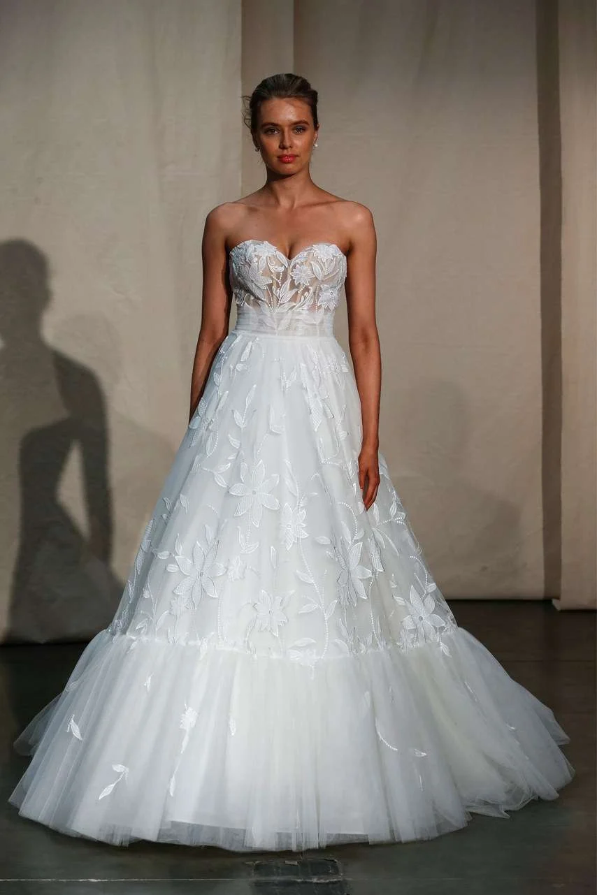 Justin Alexander Spring 2020 strapless lace ball gown with a tiered tulle skirt