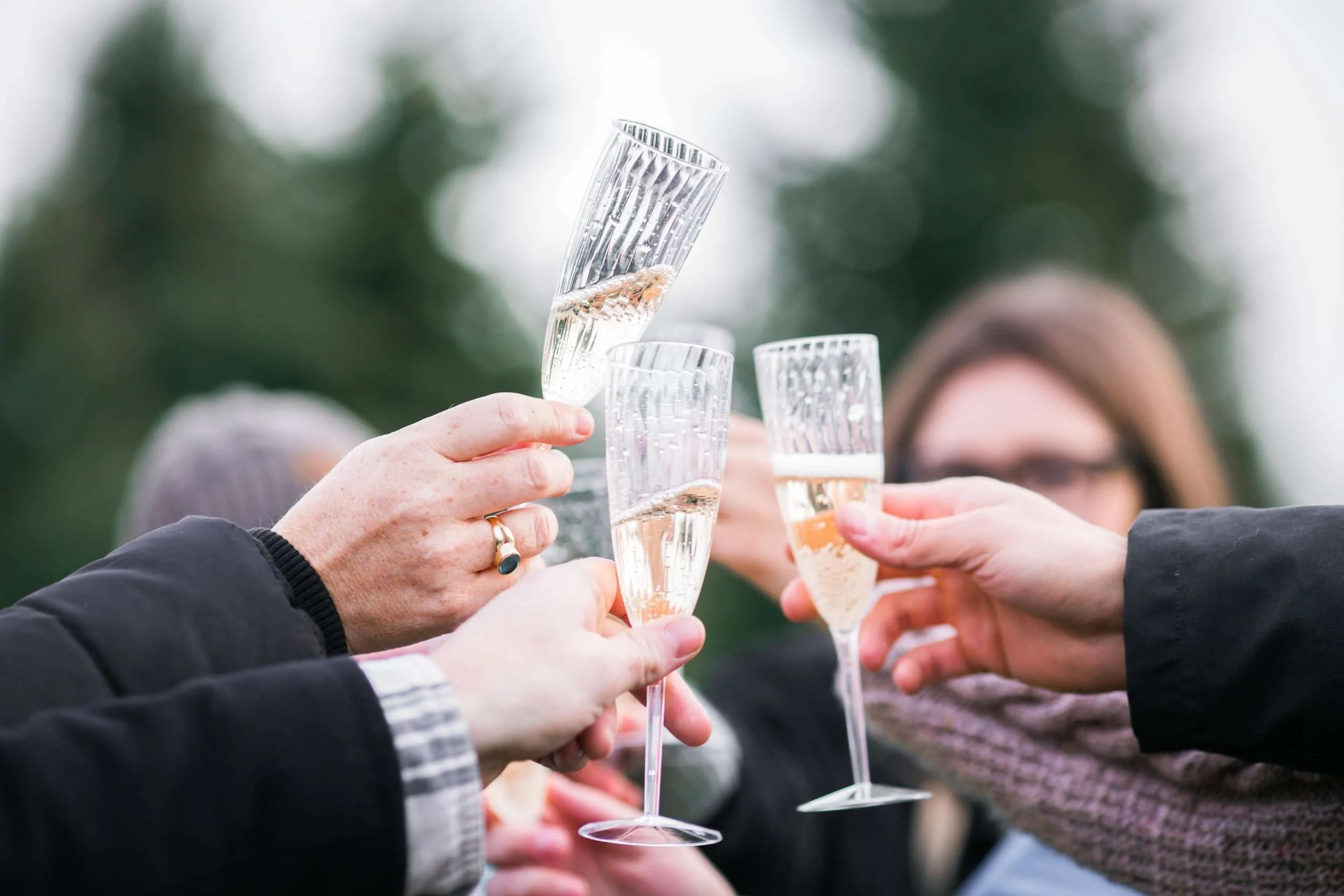 Guests clinking champagne glasses in a toast